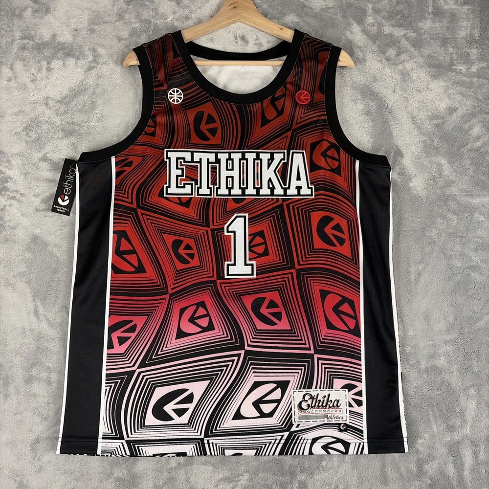 ETHIKA Familie Men's Basketball Jersey #1 Top Black Red White Size Large NWT